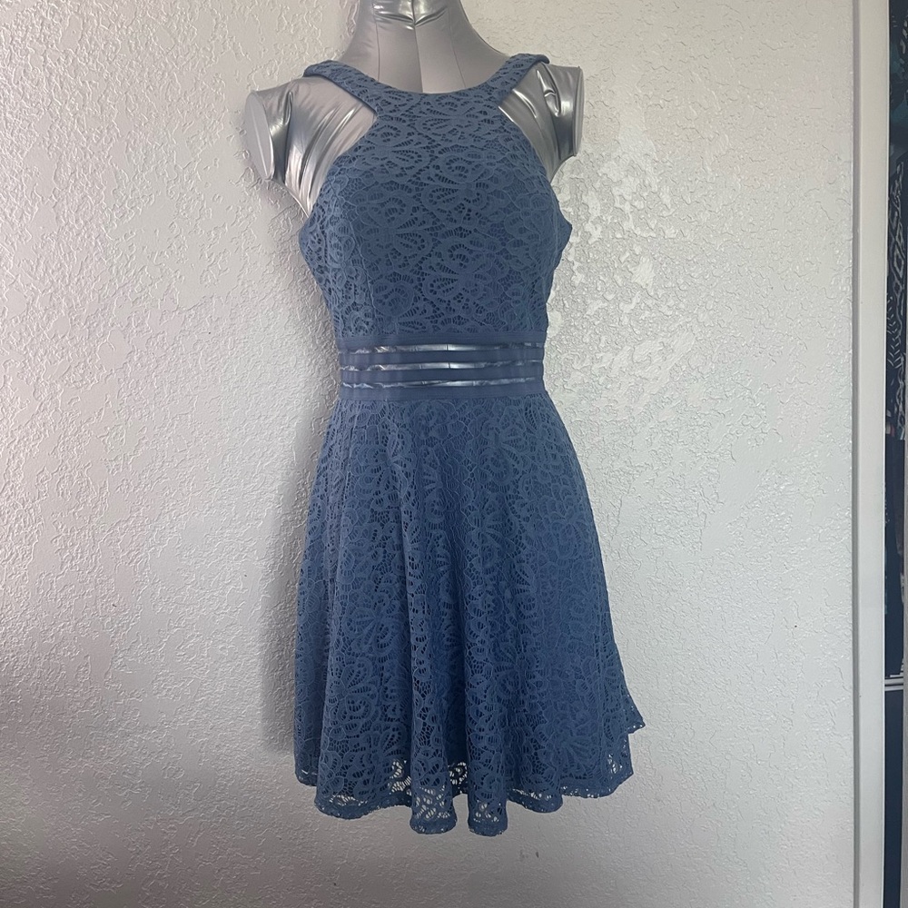 Blue Sleeveless Halter Fit and Flare Dress